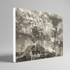 “Shades of the Historical Present Past” archival canvas print by Durham J White, featuring a monochromatic layered photographic artwork of Piper Street in Kyneton in rich greys, crisp whites, and deep ink blacks.