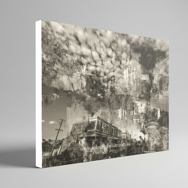 “Shades of the Historical Present Past” archival canvas print by Durham J White, featuring a monochromatic layered photographic artwork of Piper Street in Kyneton in rich greys, crisp whites, and deep ink blacks.