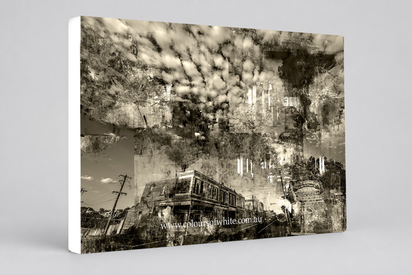“Shades of the Historical Present Past” archival canvas print by Durham J White, featuring a monochromatic layered photographic artwork of Piper Street in Kyneton in rich greys, crisp whites, and deep ink blacks.