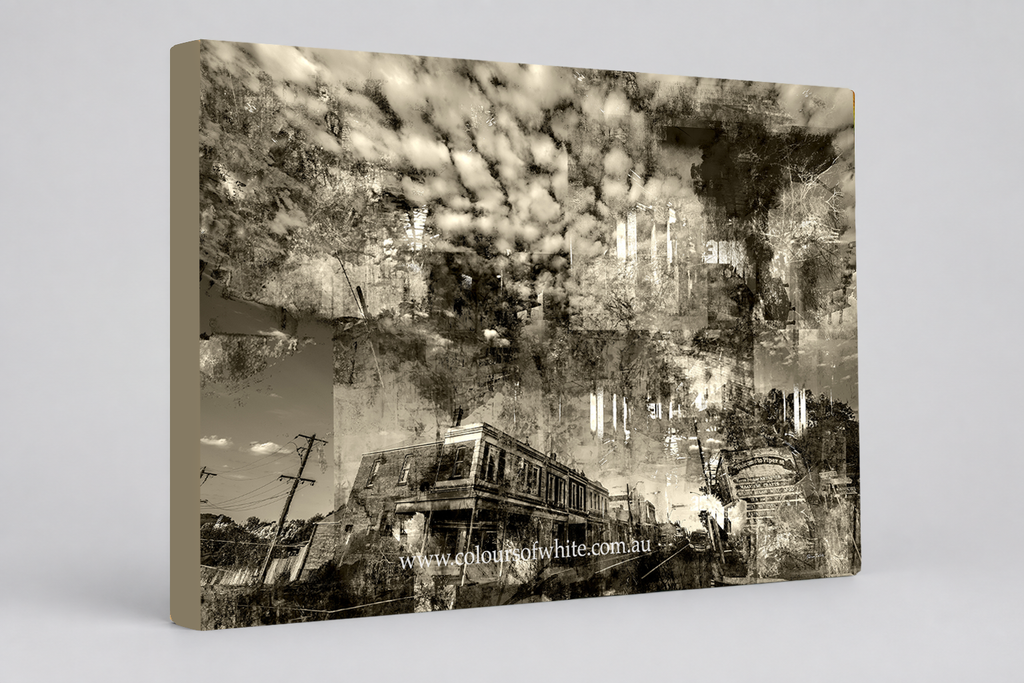 “Shades of the Historical Present Past” archival canvas print by Durham J White, featuring a monochromatic layered photographic artwork of Piper Street in Kyneton in rich greys, crisp whites, and deep ink blacks.