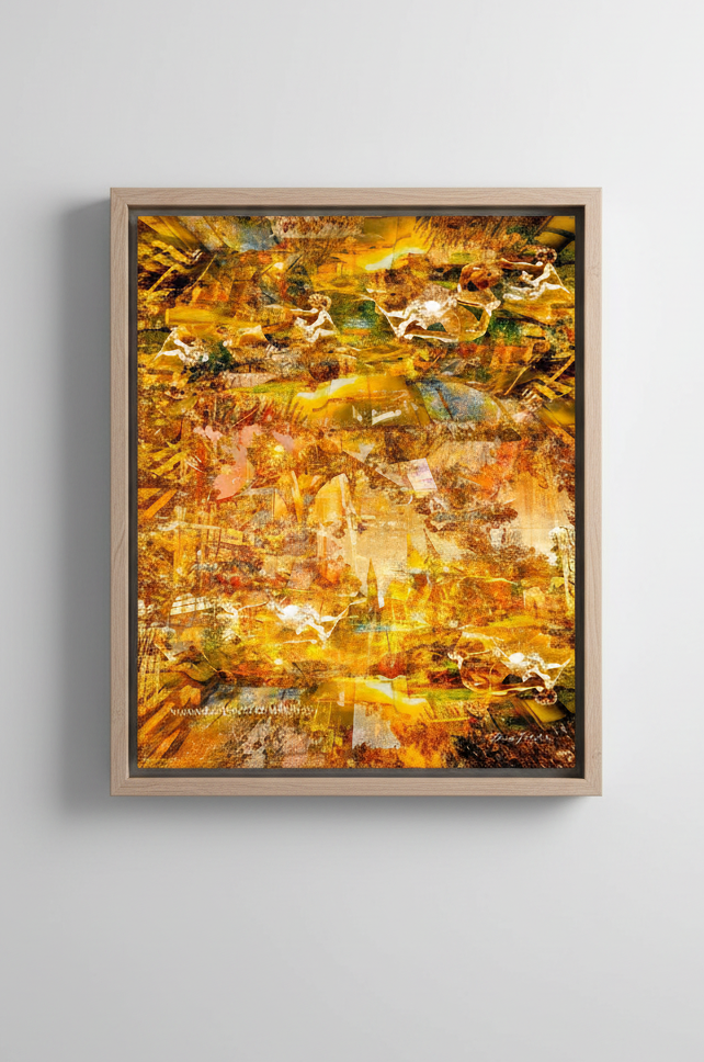 "The Angelic Golden Light" archival canvas print by Durham J White, featuring a layered photographic artwork of Bendigo's View Street and Pall Mall with sculptural architectural elements in warm golden ambers and luminous ochre tones, with natural ash timber frame.