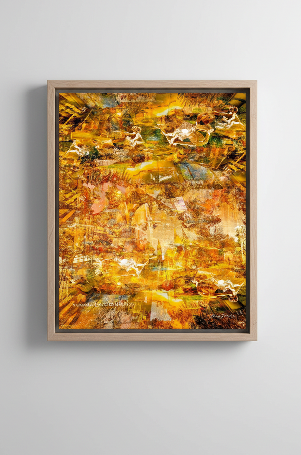 "The Angelic Golden Light" archival canvas print by Durham J White, featuring a layered photographic artwork of Bendigo's View Street and Pall Mall with sculptural architectural elements in warm golden ambers and luminous ochre tones, with natural ash timber frame.