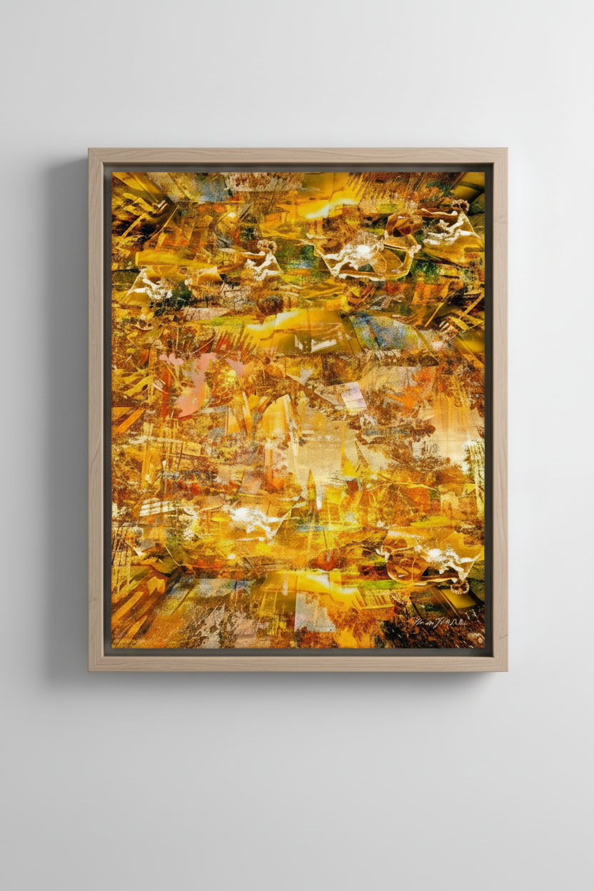 “The Angelic Golden Light” archival canvas print by Durham J White, featuring a layered photographic artwork of Bendigo's View Street and Pall Mall in warm golden ambers and luminous ochre tones with natural ash timber frame.