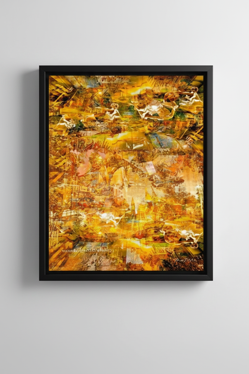 “The Angelic Golden Light” archival canvas print by Durham J White, featuring a layered photographic artwork of Bendigo's View Street and Pall Mall in warm golden ambers and luminous ochre tones with satin black timber frame.