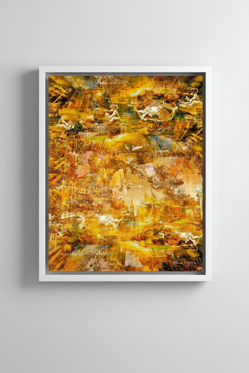 “The Angelic Golden Light” archival canvas print by Durham J White, featuring a layered photographic artwork of Bendigo's View Street and Pall Mall in warm golden ambers and luminous ochre tones with satin white timber frame.