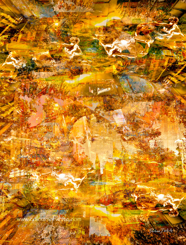 "The Angelic Golden Light" archival canvas print by Durham J White, featuring a layered photographic artwork of Bendigo's View Street and Pall Mall with sculptural architectural elements in warm golden ambers and luminous ochre tones.