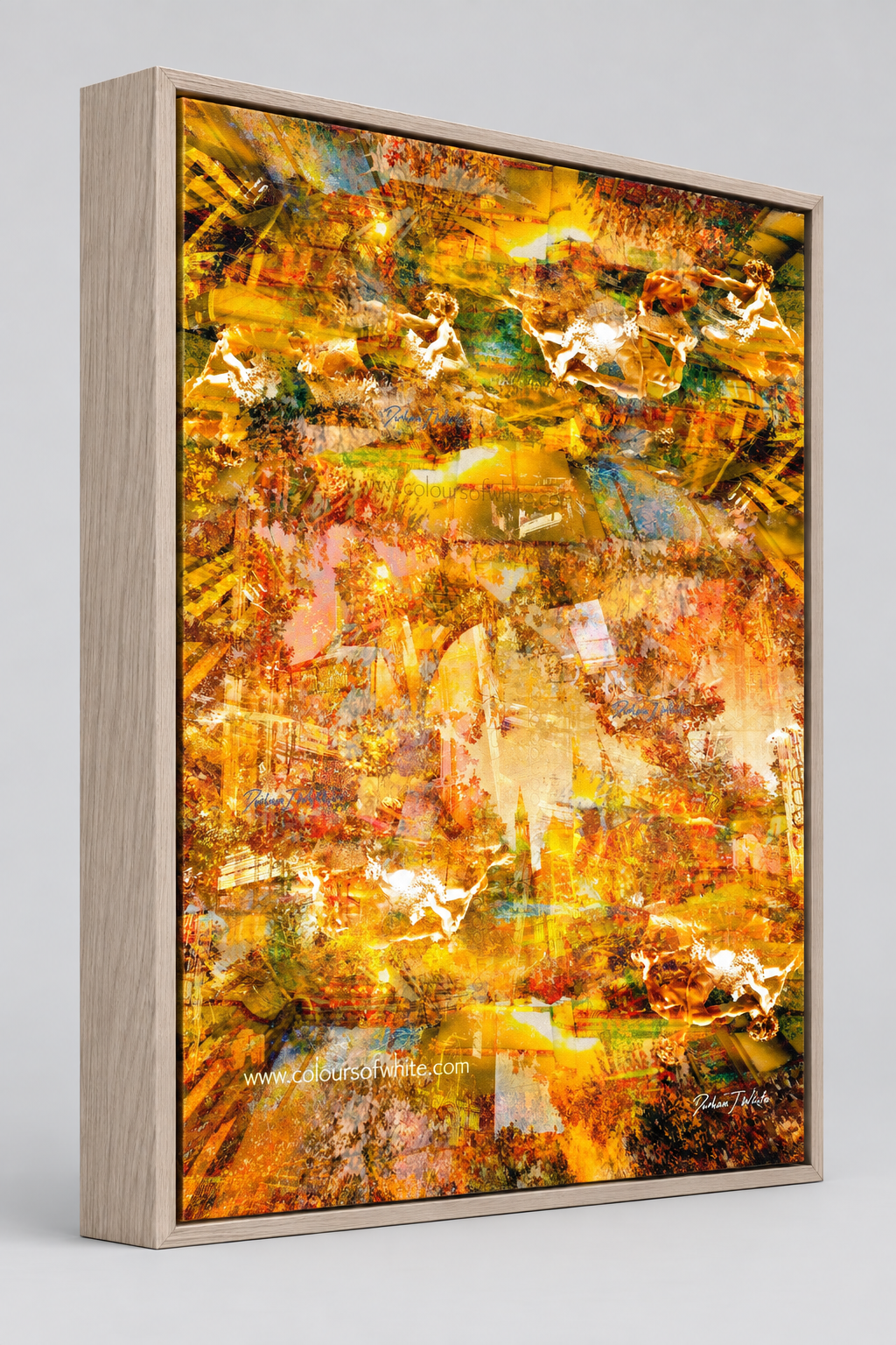 "The Angelic Golden Light" ash box framed archival canvas print by Durham J White, featuring a layered photographic artwork of Bendigo's View Street and Pall Mall with sculptural architectural elements in warm golden ambers and luminous ochre tones.