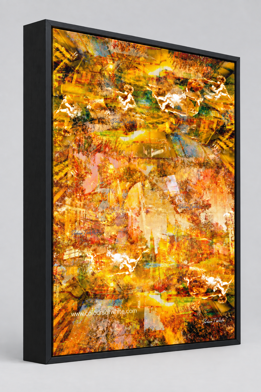"The Angelic Golden Light" satin black box framed archival canvas print by Durham J White, featuring a layered photographic artwork of Bendigo's View Street and Pall Mall with sculptural architectural elements in warm golden ambers and luminous ochre tones.