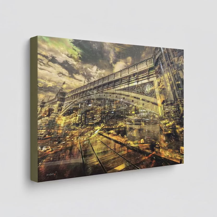 "The Bridge" archival canvas print by Durham J White, featuring a layered photographic artwork of Princes Bridge with city reflections in rich sepia, burnished gold, and softened industrial green tones.