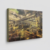 "The Bridge" archival canvas print by Durham J White, featuring a layered photographic artwork of Princes Bridge with city reflections in rich sepia, burnished gold, and softened industrial green tones.