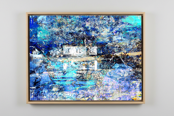 The Castle in the Snow – Japan winter landscape by Durham J White. Subtle Japanese castle architecture emerging through electric blue, cobalt and teal layering with gold and lavender tones.