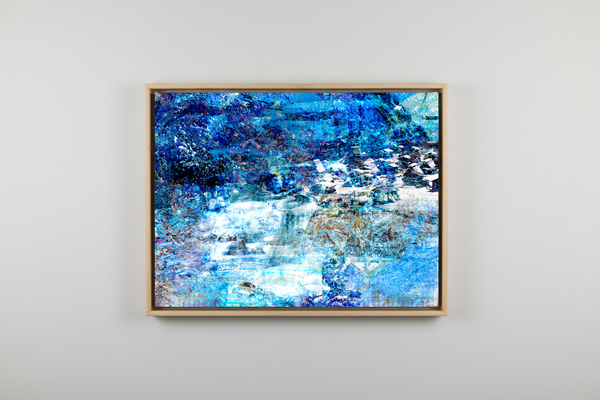 “The Depth of the Huts” Box framed archival canvas print by Durham J White, featuring a Japanese winter landscape artwork of snow-covered huts in cool whites, soft winter blues, and warm undertones of ochre and muted gold.