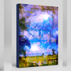 “The Electric Land” archival canvas print by Durham J White, featuring a layered photographic artwork of an expansive cloudscape over the Australian countryside in vivid cobalt, electric blues, luminous whites, and warm mauve eucalyptus tones.