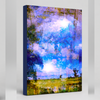 “The Electric Land” archival canvas print by Durham J White, featuring a layered photographic artwork of an expansive cloudscape over the Australian countryside in vivid cobalt, electric blues, luminous whites, and warm mauve eucalyptus tones.