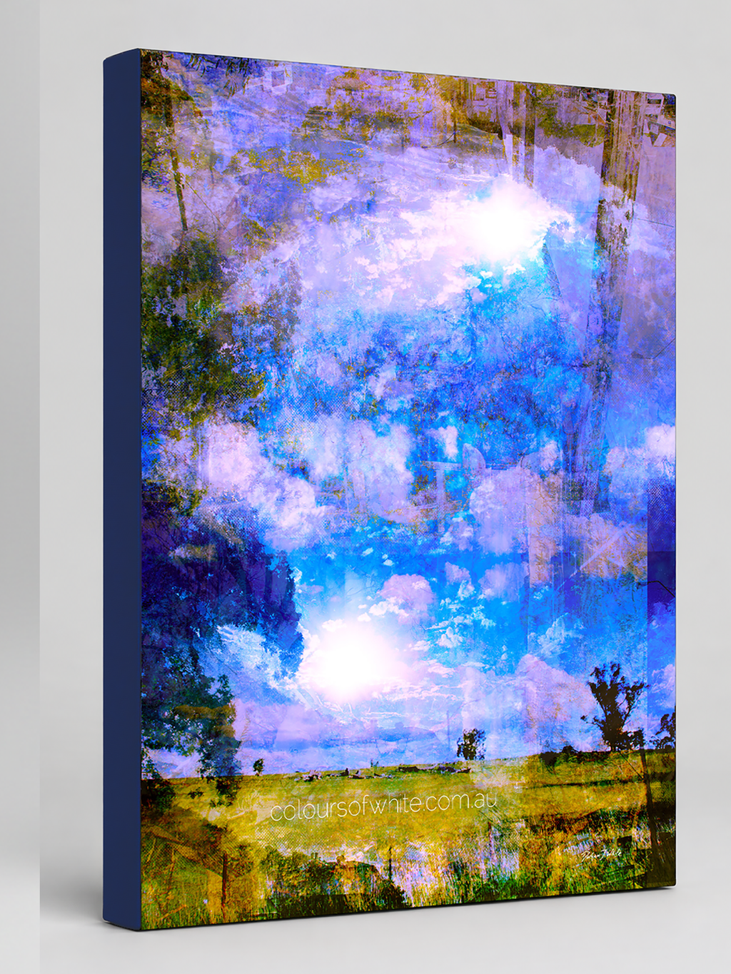 “The Electric Land” archival canvas print by Durham J White, featuring a layered photographic artwork of an expansive cloudscape over the Australian countryside in vivid cobalt, electric blues, luminous whites, and warm mauve eucalyptus tones.