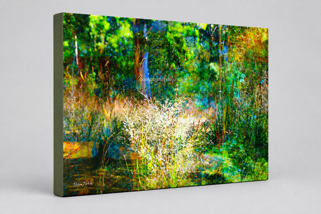 “The Fairytale Garden” archival canvas print by Durham J White, featuring a layered photographic artwork of the Australian countryside with deep lush greens and moonlit blues in a modern relaxing space.