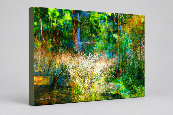 “The Fairytale Garden” archival canvas print by Durham J White, featuring a layered photographic artwork of the Australian countryside with deep lush greens and moonlit blues in a modern relaxing space.