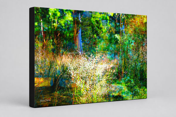 “The Fairytale Garden” archival canvas print by Durham J White, featuring a layered photographic artwork of the Australian countryside with deep lush greens and moonlit blues in a modern relaxing space.