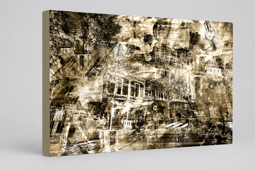 “The Lightly Industrial View” archival canvas print by Durham J White, featuring a layered photographic artwork of Bendigo's View Street and Pall Mall in a restrained sepia and warm monochromatic palette and architectural composition.