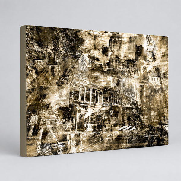 “The Lightly Industrial View” archival canvas print by Durham J White, featuring a layered photographic artwork of Bendigo's View Street and Pall Mall in a restrained sepia and warm monochromatic palette and architectural composition.