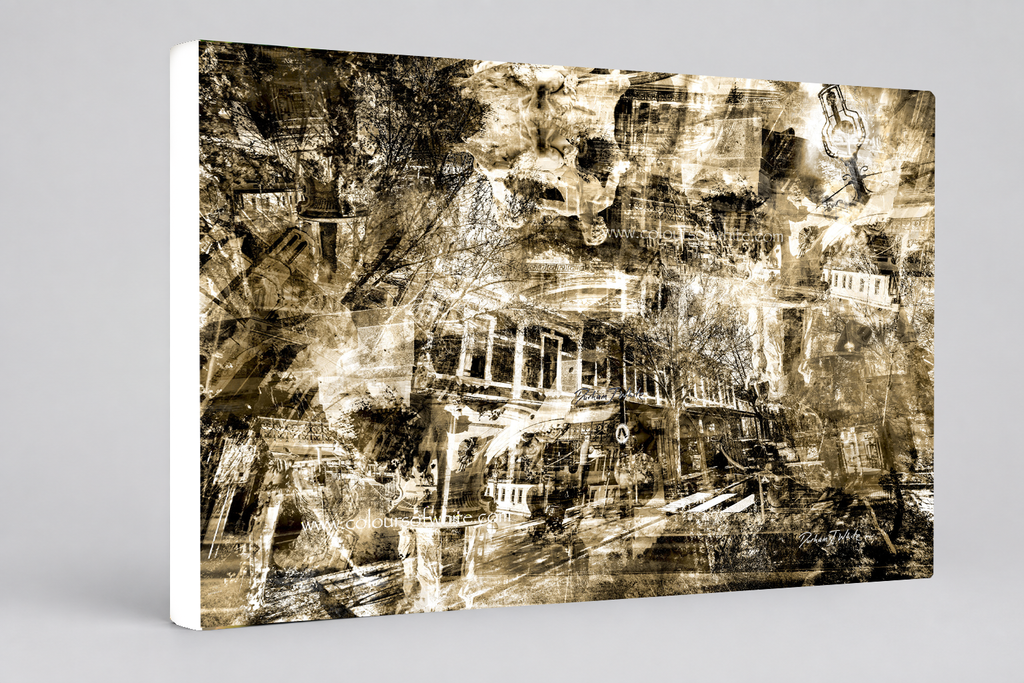 “The Lightly Industrial View” archival canvas print by Durham J White, featuring a layered photographic artwork of Bendigo's View Street and Pall Mall in a restrained sepia and warm monochromatic palette and architectural composition.