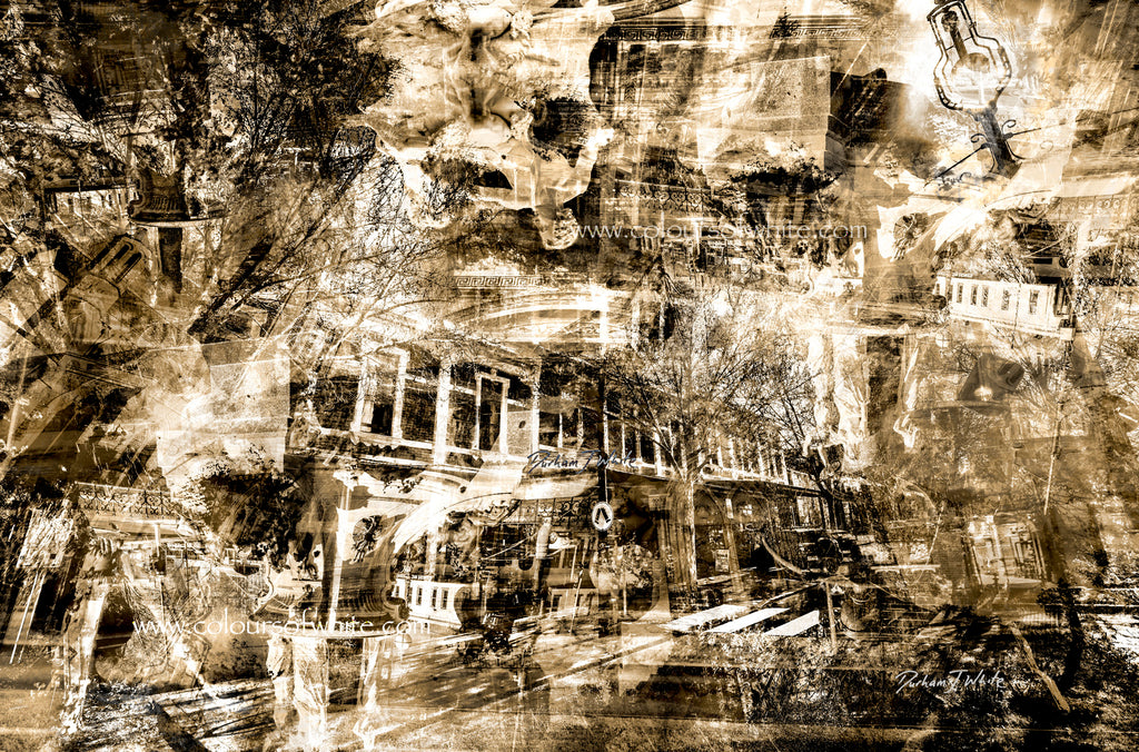 “The Lightly Industrial View” archival canvas print by Durham J White, featuring a layered photographic artwork of Bendigo's View Street and Pall Mall in a restrained sepia and warm monochromatic palette and architectural composition.