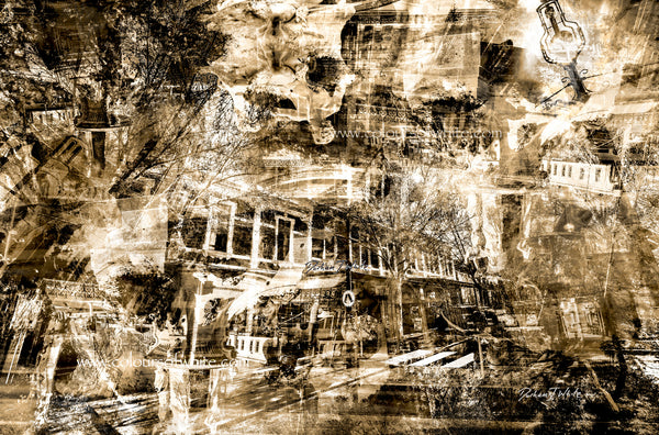 “The Lightly Industrial View” archival canvas print by Durham J White, featuring a layered photographic artwork of Bendigo's View Street and Pall Mall in a restrained sepia and warm monochromatic palette and architectural composition.