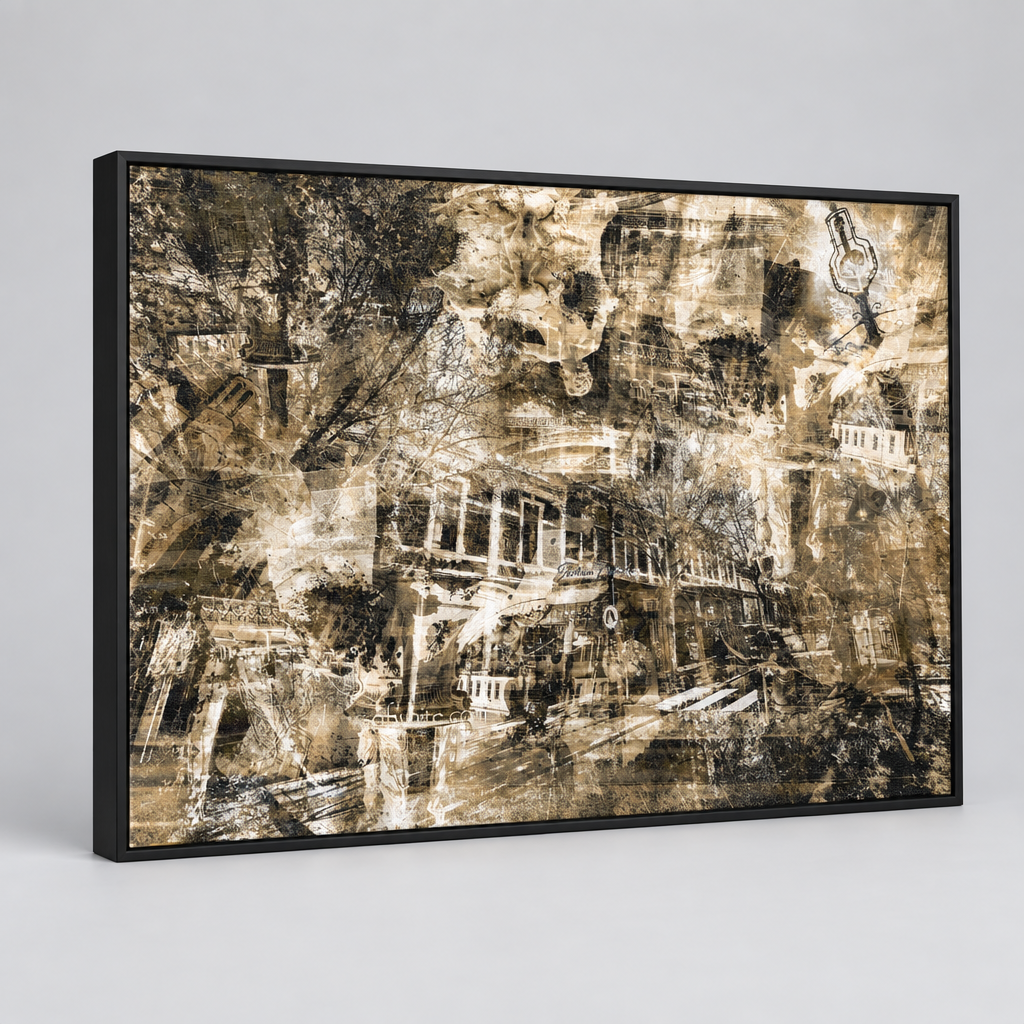 “The Lightly Industrial View” archival canvas print by Durham J White, featuring a layered photographic artwork of Bendigo's View Street and Pall Mall in a restrained sepia and warm monochromatic palette and architectural composition. Presented in a satin black box frame.