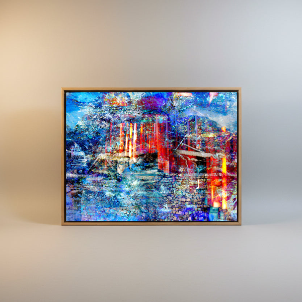 The Pathway to Heaven – box framed archival canvas print Japan winter landscape artwork by Durham J White. Vermillion torii gates rising through electric blue and cobalt in a layered photographic composition of Fushimi Inari in winter.