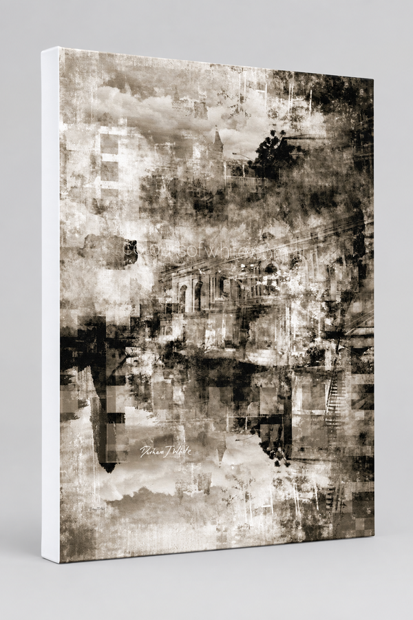 “The Prestige” archival canvas print by Durham J White, featuring a layered photographic artwork of Piper Street, Kyneton, with dramatic cloudscape and surrounding countryside rendered in deep velvety blacks and layered mid-tone greys with cinematic monochromatic depth.