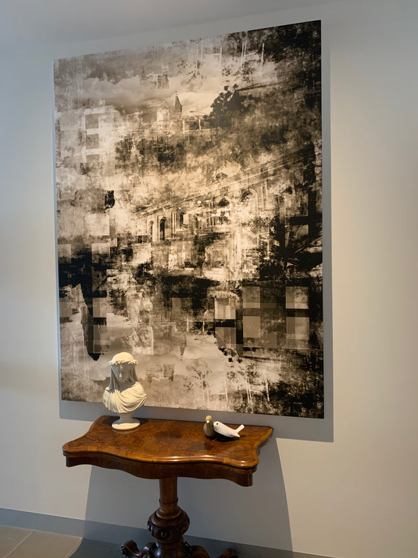 “The Prestige” archival canvas print by Durham J White, featuring a layered photographic artwork of Piper Street, Kyneton, with dramatic cloudscape and surrounding countryside rendered in deep velvety blacks and layered mid-tone greys with cinematic monochromatic depth.