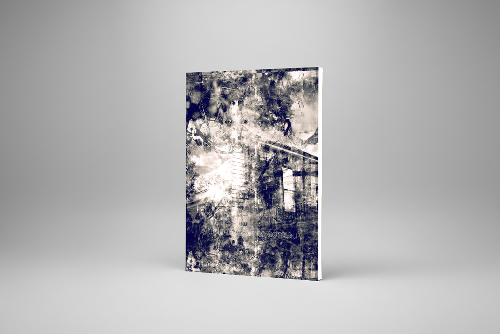 “The Puzzle” archival canvas print by Durham J White, featuring a monochromatic layered photographic artwork of Kyneton's historic architectural forms in velvet blacks, crisp whites, and subtle sepia undertones.
