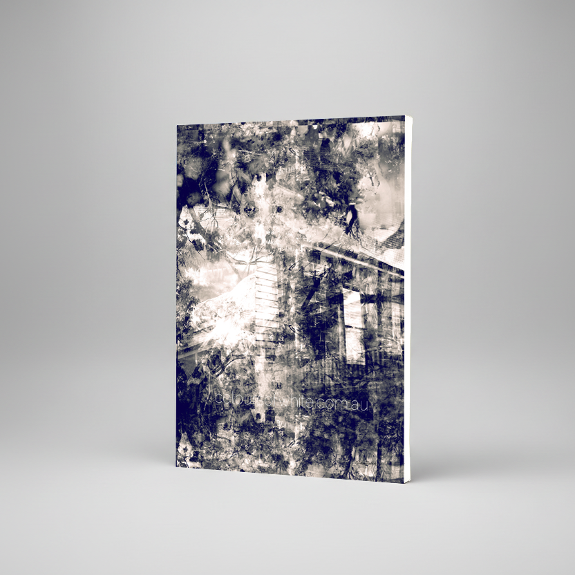 “The Puzzle” archival canvas print by Durham J White, featuring a monochromatic layered photographic artwork of Kyneton's historic architectural forms in velvet blacks, crisp whites, and subtle sepia undertones.