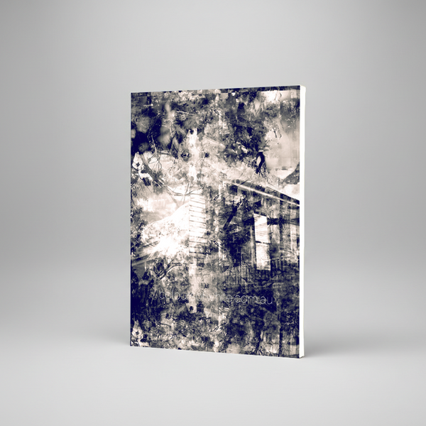 “The Puzzle” archival canvas print by Durham J White, featuring a monochromatic layered photographic artwork of Kyneton's historic architectural forms in velvet blacks, crisp whites, and subtle sepia undertones.