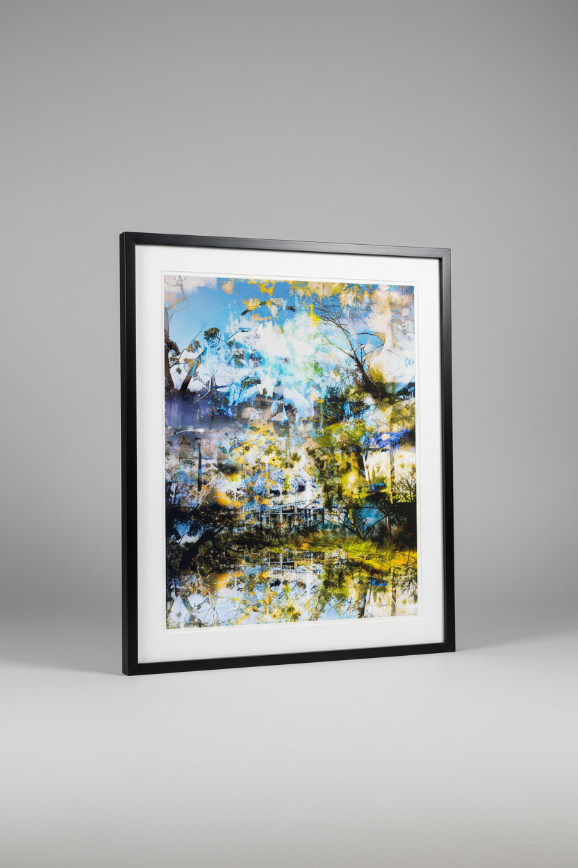 "The Rise" glass framed fine art print by Durham J White, featuring a layered photographic artwork of Kyneton's Royal George Hotel reflected in an illusionary waterbody, in pristine sky blues, deep architectural shades, and natural surrounds.