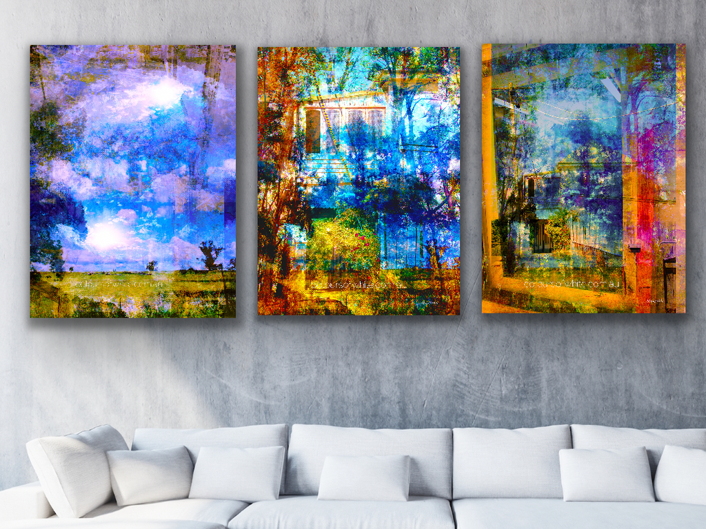 “The Trentham Triptych” Archival canvas print set by Durham J White, featuring a three-panel layered photographic artwork of the Macedon Ranges landscape in rich amber, electric blues, softened greens, and vivid cobalts.
