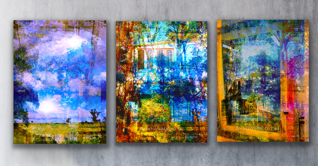 “The Trentham Triptych” Archival canvas print set by Durham J White, featuring a three-panel layered photographic artwork of the Macedon Ranges landscape in rich amber, electric blues, softened greens, and vivid cobalts.