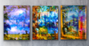 “The Trentham Triptych” Archival canvas print set by Durham J White, featuring a three-panel layered photographic artwork of the Macedon Ranges landscape in rich amber, electric blues, softened greens, and vivid cobalts.