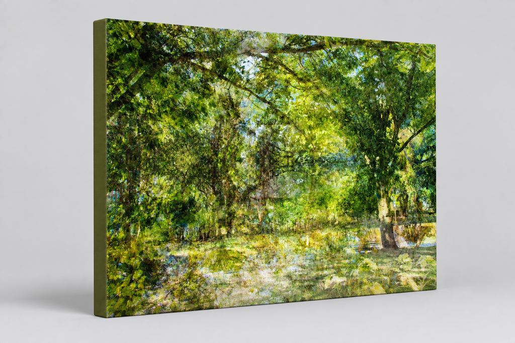 “The Water Coloured Grounds” archival canvas print by Durham J White, featuring a layered photographic artwork of the Australian countryside with lush meadow greens, warm earth tones, and a soft painterly finish.