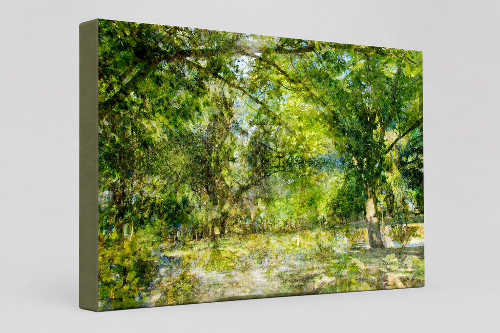 “The Water Coloured Grounds” archival canvas print by Durham J White, featuring a layered photographic artwork of the Australian countryside with lush meadow greens, warm earth tones, and a soft painterly finish.