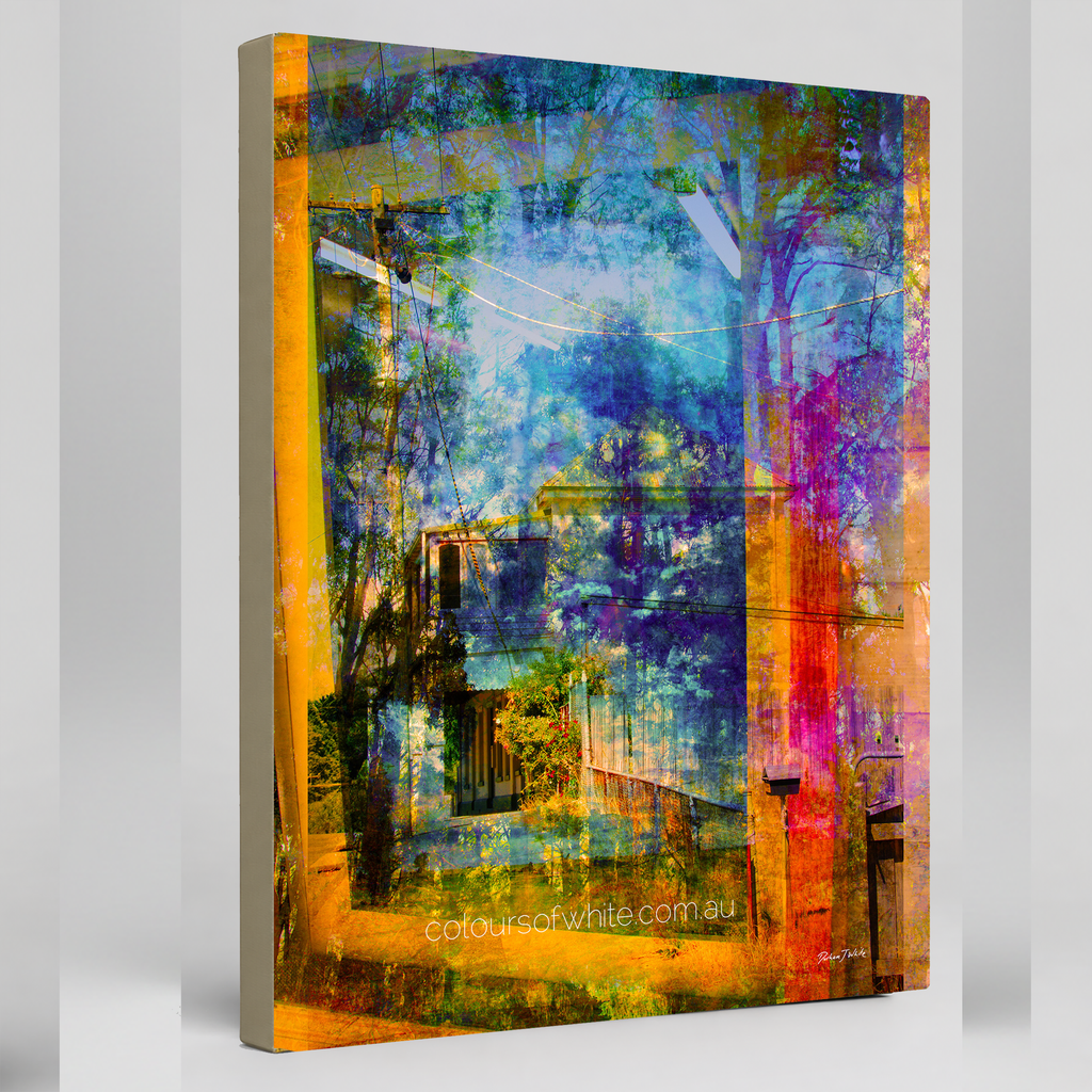 “The Window Out” archival canvas print by Durham J White, featuring a layered photographic artwork of the Daylesford and Macedon Ranges countryside in terracotta, burnt orange, deep violet, and luminous blue tones.