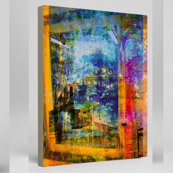 “The Window Out” archival canvas print by Durham J White, featuring a layered photographic artwork of the Daylesford and Macedon Ranges countryside in terracotta, burnt orange, deep violet, and luminous blue tones.
