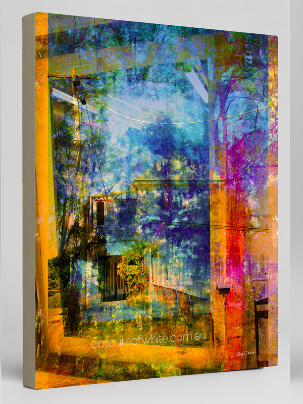 “The Window Out” archival canvas print by Durham J White, featuring a layered photographic artwork of the Daylesford and Macedon Ranges countryside in terracotta, burnt orange, deep violet, and luminous blue tones.