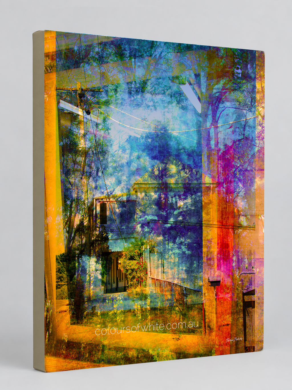 “The Window Out” archival canvas print by Durham J White, featuring a layered photographic artwork of the Daylesford and Macedon Ranges countryside in terracotta, burnt orange, deep violet, and luminous blue tones.