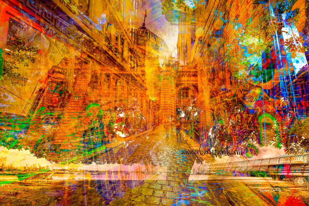 “Tree of Life Melbourne – Earthy Tones” artwork by Durham J White, featuring a layered photographic artwork blending Flinders Street Station and various other iconic landmarks in an organic tree canopy in rich ochre, warm gold, and muted brown tones.