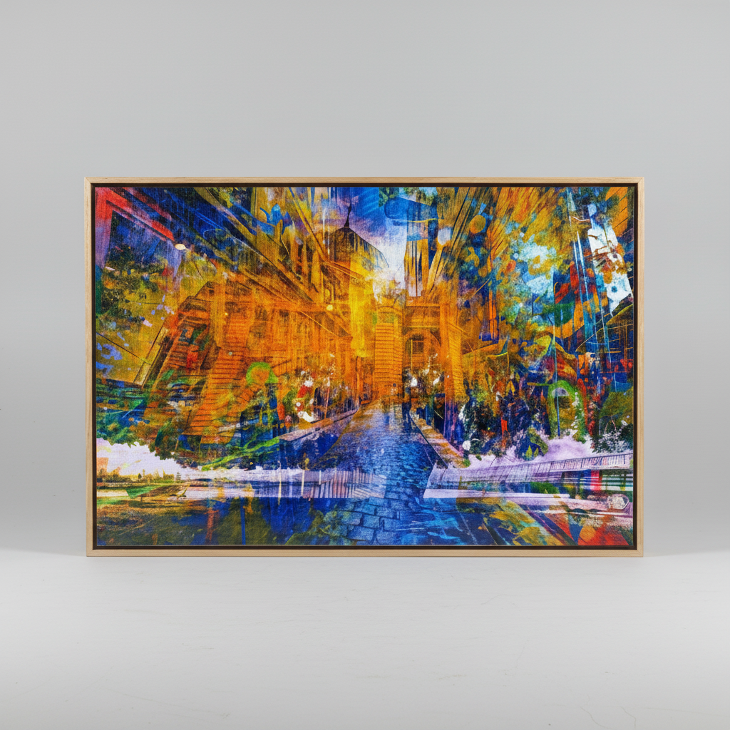 “Tree of Life Melbourne – Electric Blue” archival canvas print by Durham J White, featuring a layered photographic artwork blending Flinders Street Station in an organic tree canopy in with many other Melbourne landmarks electric blue, amber, and gold.
