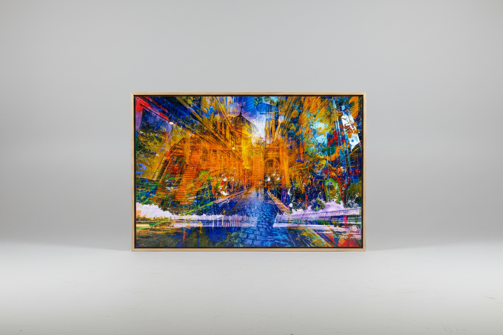 “Tree of Life Melbourne – Electric Blue” framed ChromaLuxe metal print by Durham J White, featuring a layered photographic artwork blending Flinders Street Station and many of Melbourne's iconic landmarks and an organic tree canopy in electric blue, amber, and gold.