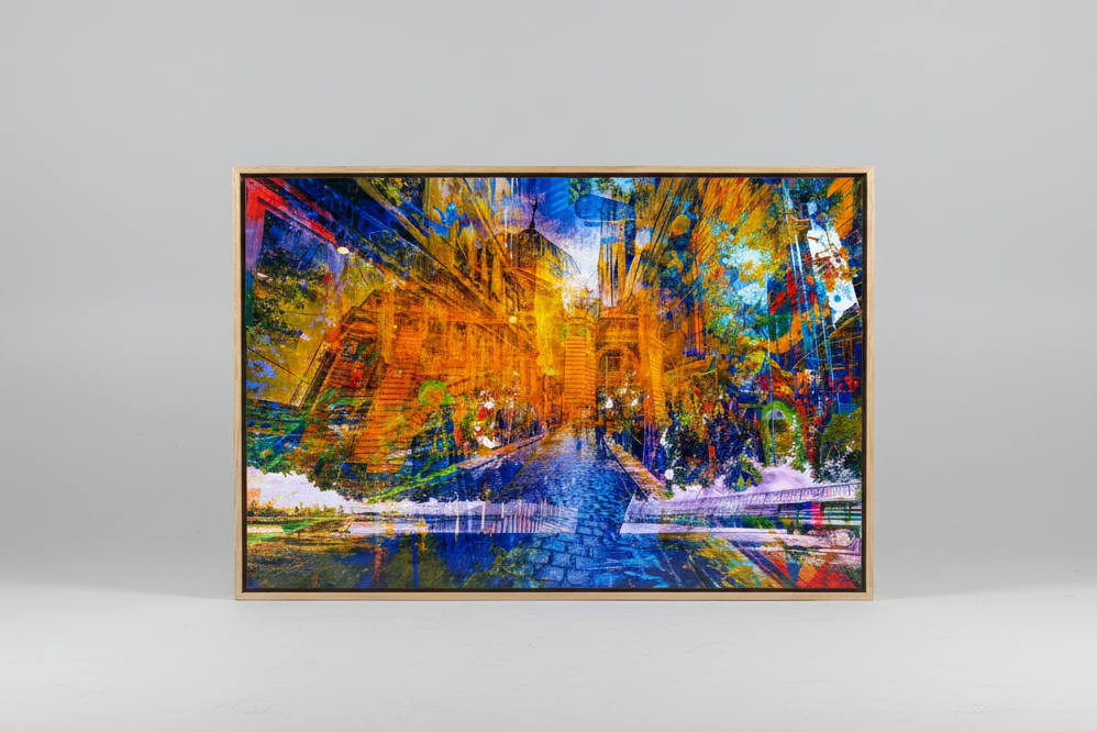 “Tree of Life Melbourne – Electric Blue” framed ChromaLuxe metal print by Durham J White, featuring a layered photographic artwork blending Flinders Street Station and many of Melbourne's iconic landmarks and an organic tree canopy in electric blue, amber, and gold.