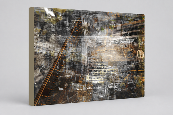 “Vintage” archival canvas print by Durham J White, featuring a monochromatic layered photographic artwork of Kyneton's historic Piper Street with warm copper undertones and industrial structural details.