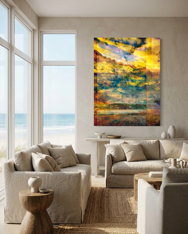 what looms… at one with the earth — archival canvas print by Durham J White featuring the Great Ocean Road layered photographic landscape in lush greens and warm gold and a mysterious silhouetted figure.  Styled in a coastal home.